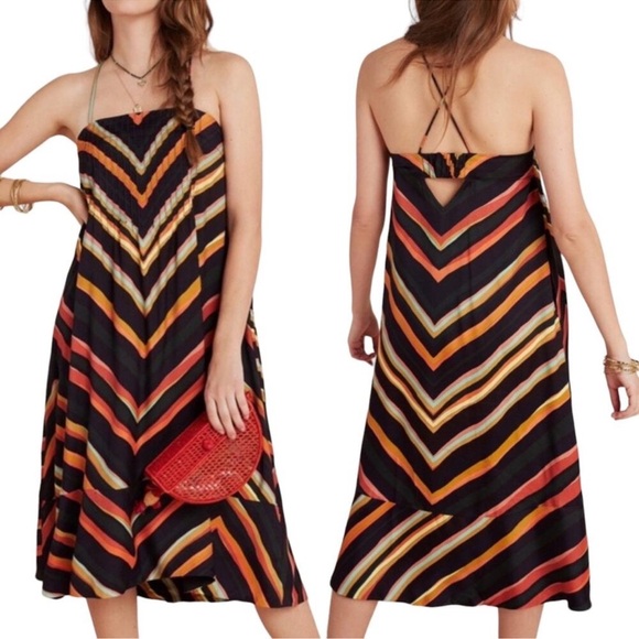 Anthropologie Runi Chevron Slip Dress Strappy Cross Back A-Line Midi Size L NWT - Picture 1 of 7